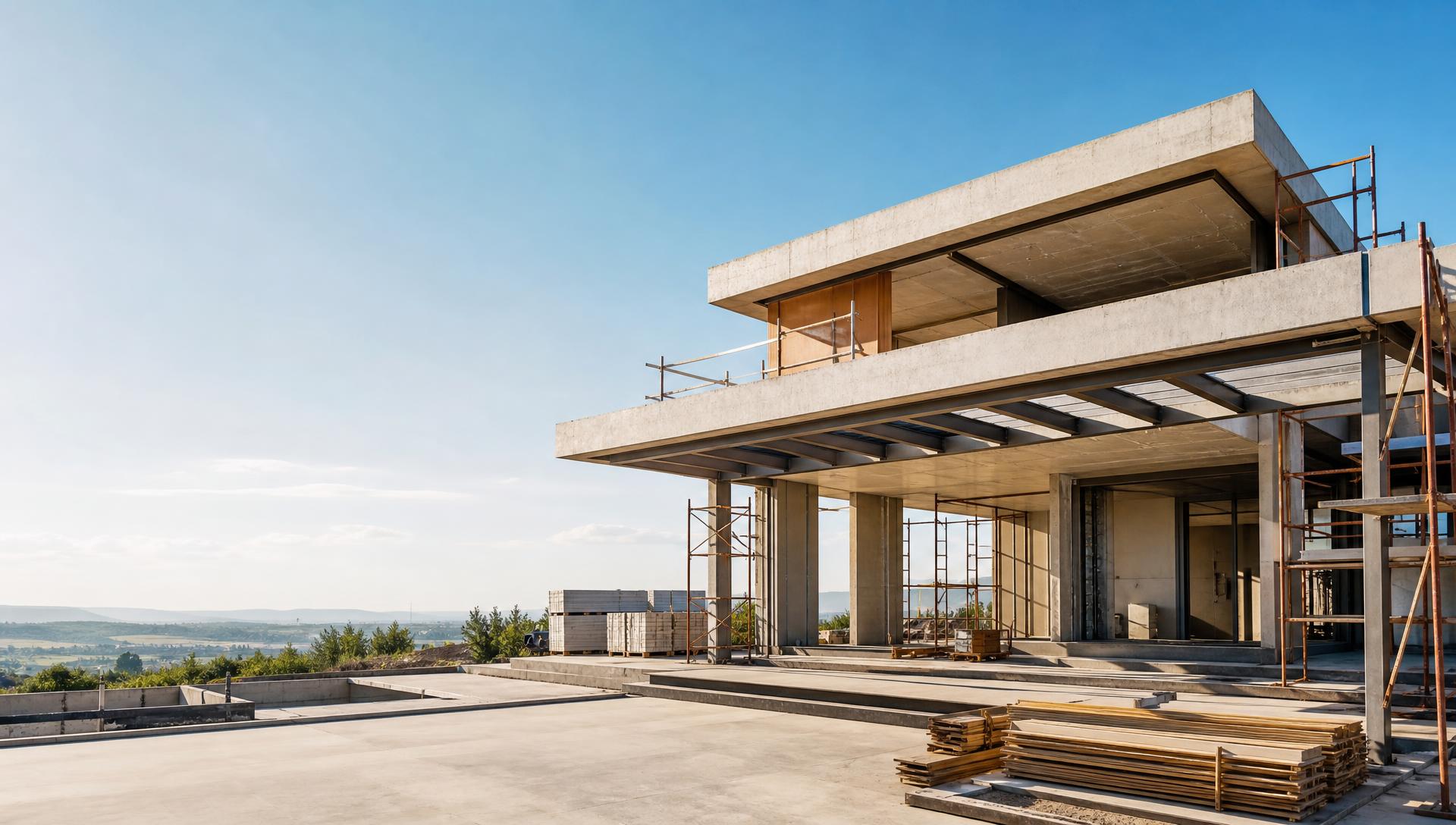 Residência de alto padrão em fase de construção com estrutura de concreto e andaimes