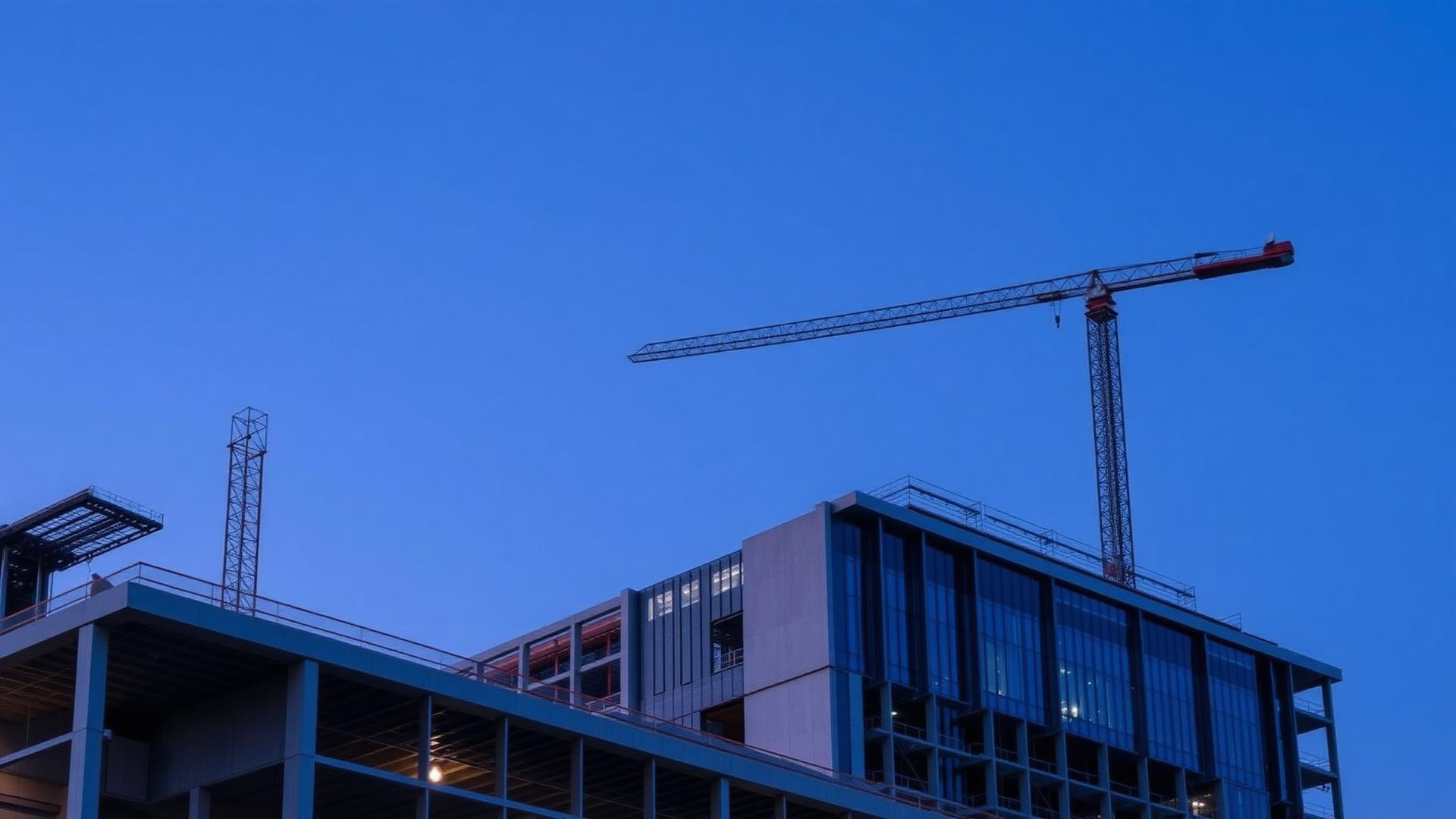 Obra moderna de engenharia civil com guindaste ao entardecer